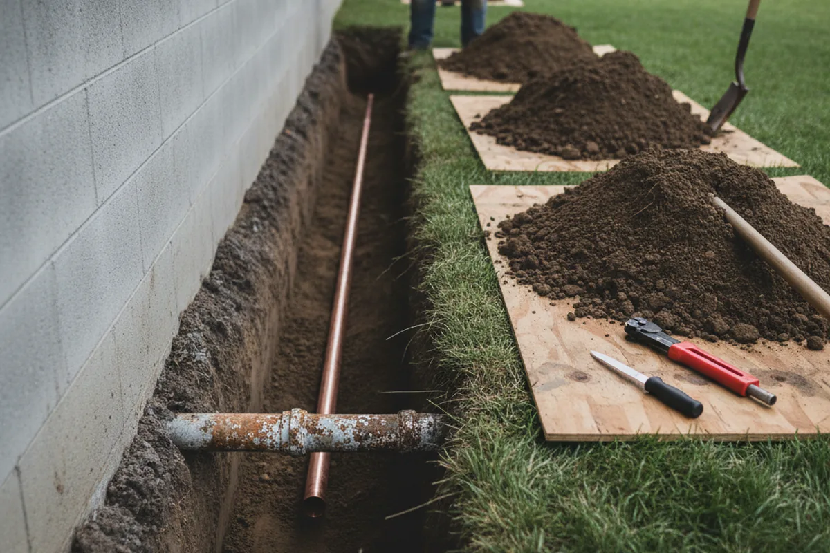 Excavated water line trench during Sewer Line Repair in Slidell